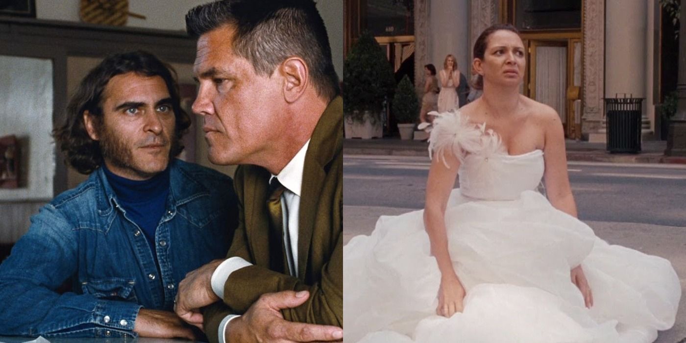 Split image of Doc and Bigfoot in Inherent Vice and Lillian in Bridesmaids