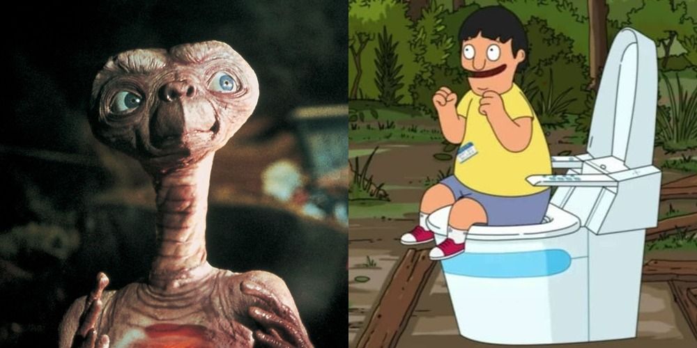 Split image of E.T. movie and Gene on a toilet in Bob's Burgers O.T. episode
