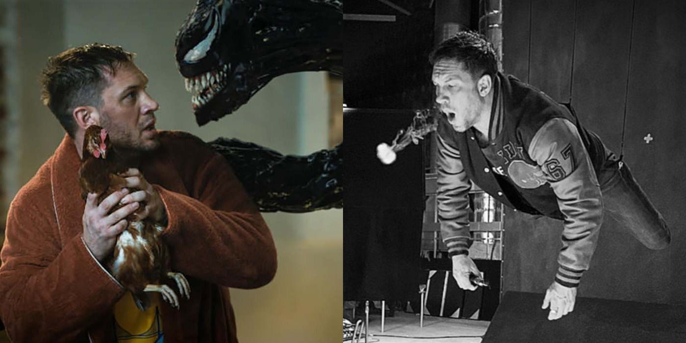 Split image of Eddie and Venom and a behind the scenes shot of Tom Hardy for Venom Let There Be Carnage
