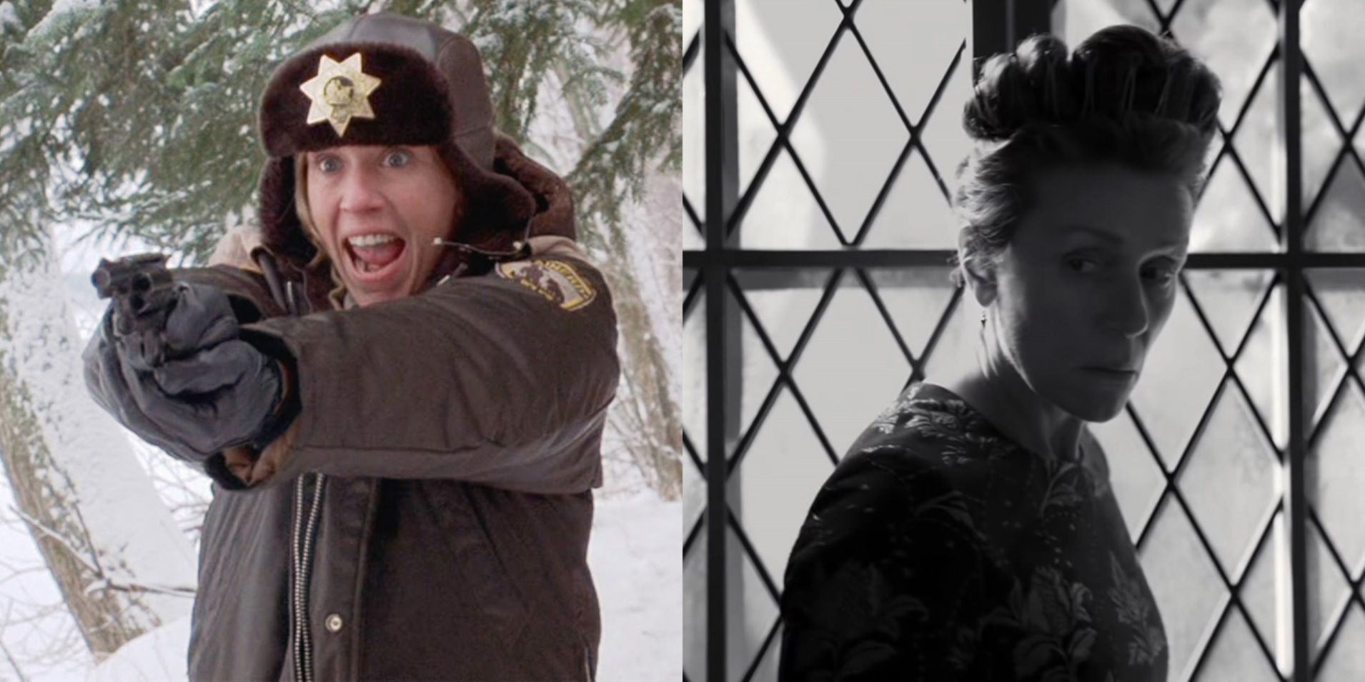 Split image of Frances McDormand in Fargo and The Tragedy of Macbeth
