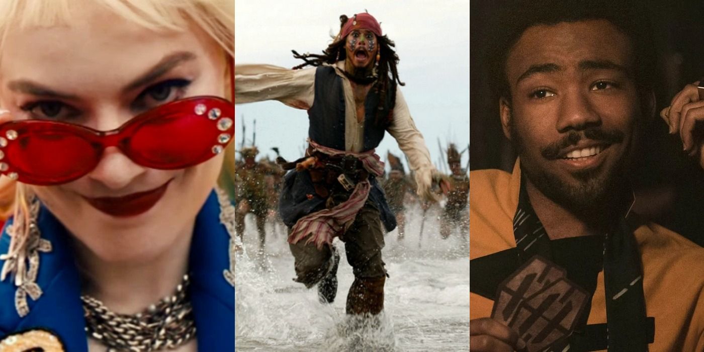 Split image of Harley in Birds of Prey, Jack in Pirates of the Caribbean Dead Man's Chest, and Lando in Solo