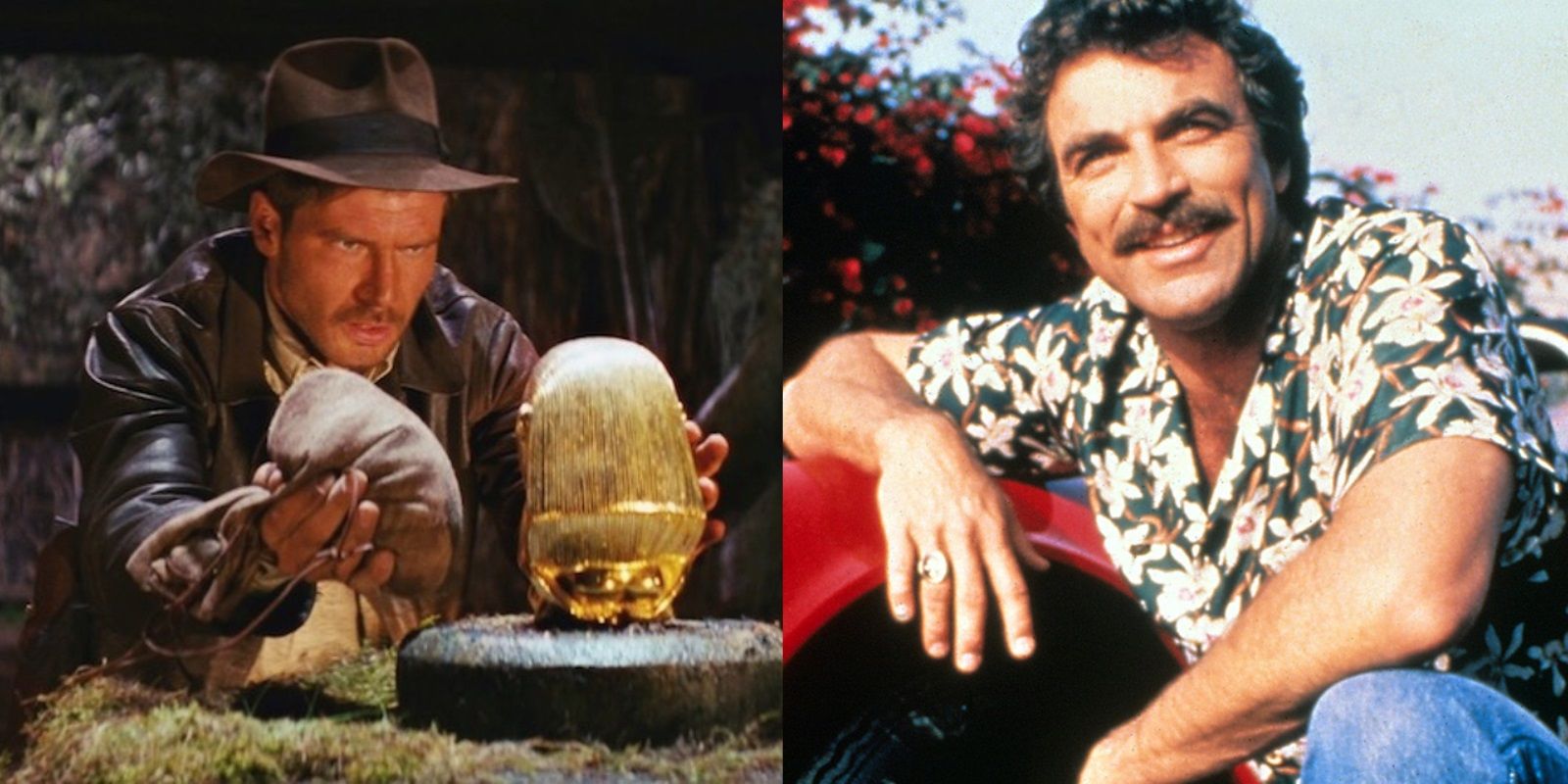 Split image of Harrison Ford in Raiders of the Lost Ark and Tom Selleck in Magnum PI