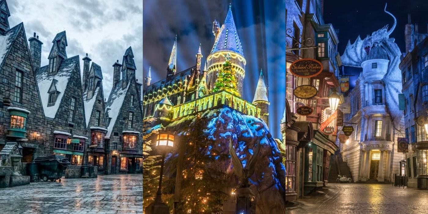 Split image of Hogsmeade, Hogwarts and Diagon Alley at the Wizarding World feature