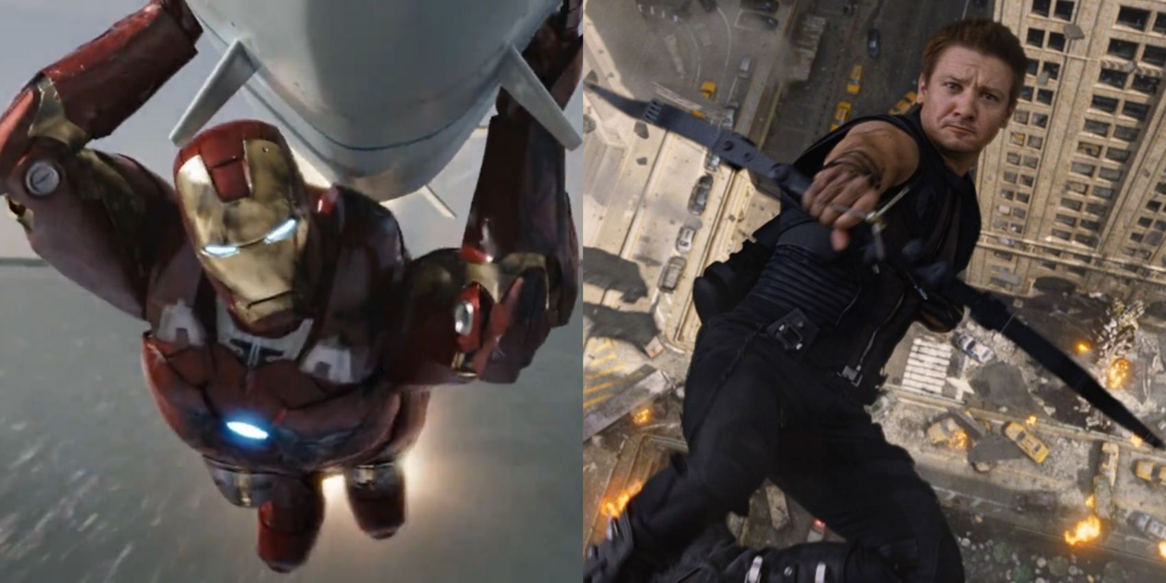 Split image of Iron Man carrying a nuke and Hawkeye shooting an arrow in The Avengers