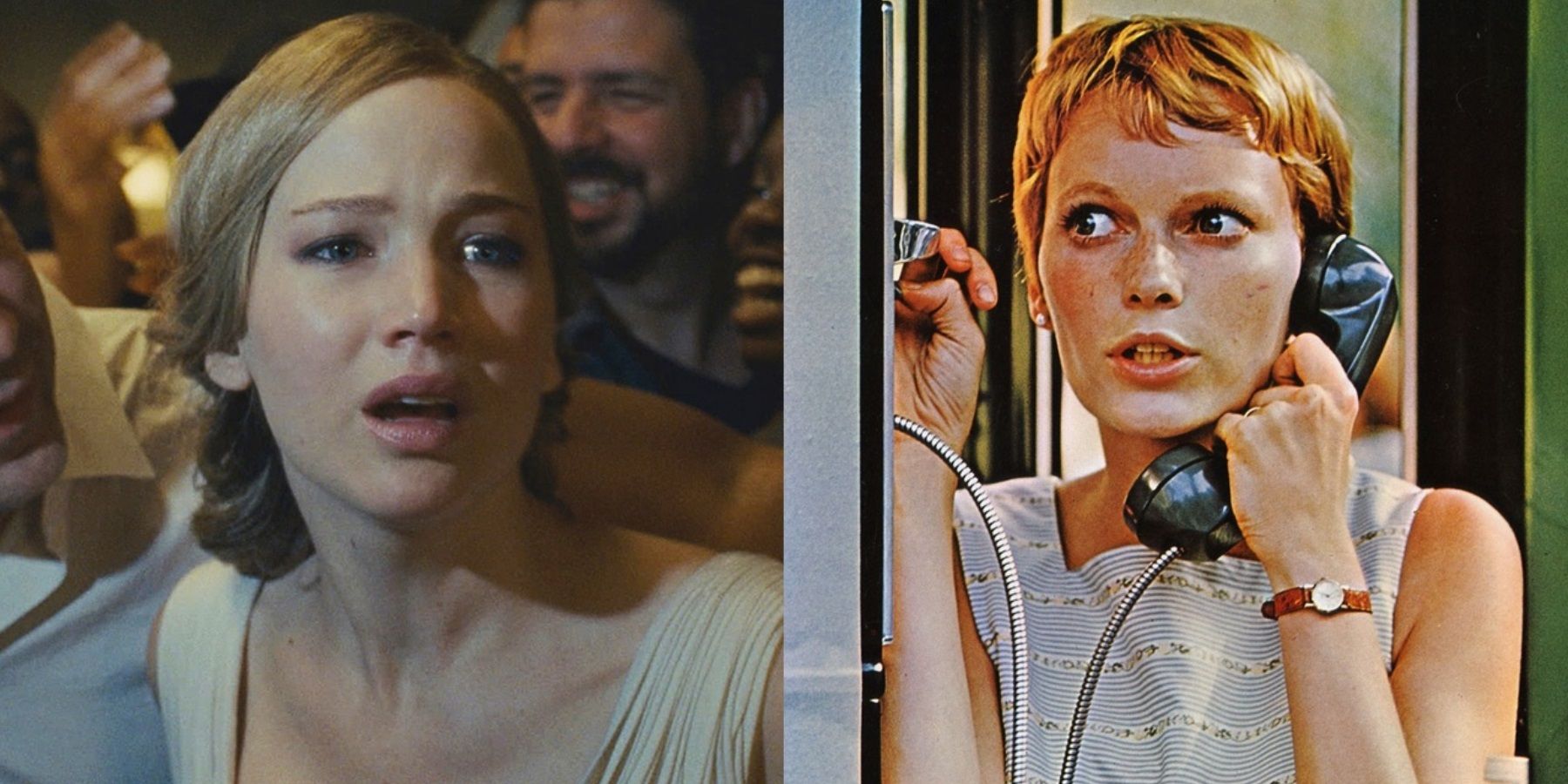 Split image of Jennifer Lawrence in mother! and Mia Farrow in Rosemary's Baby