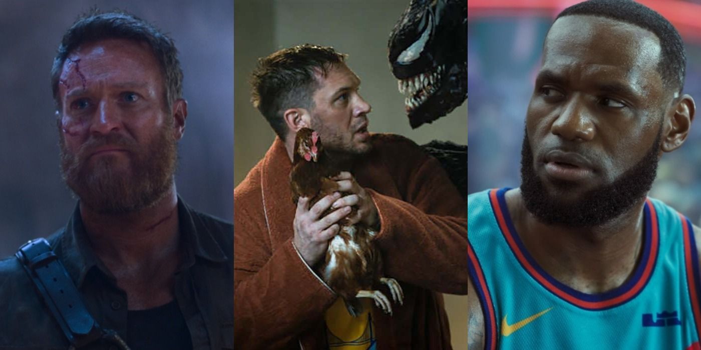 Split image of Kano in Mortal Kombat, Eddie in Venom Let There Be Carnage, and LeBron James in Space Jam A New Legacy