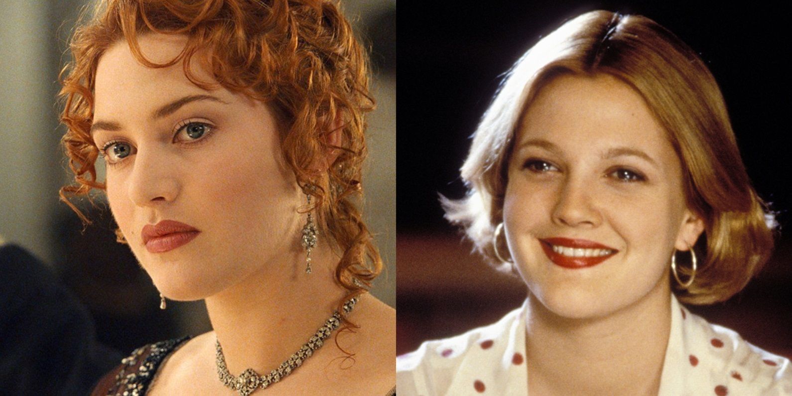 Split image of Kate Winslet in Titanic and Drew Barrymore in The Wedding Singer