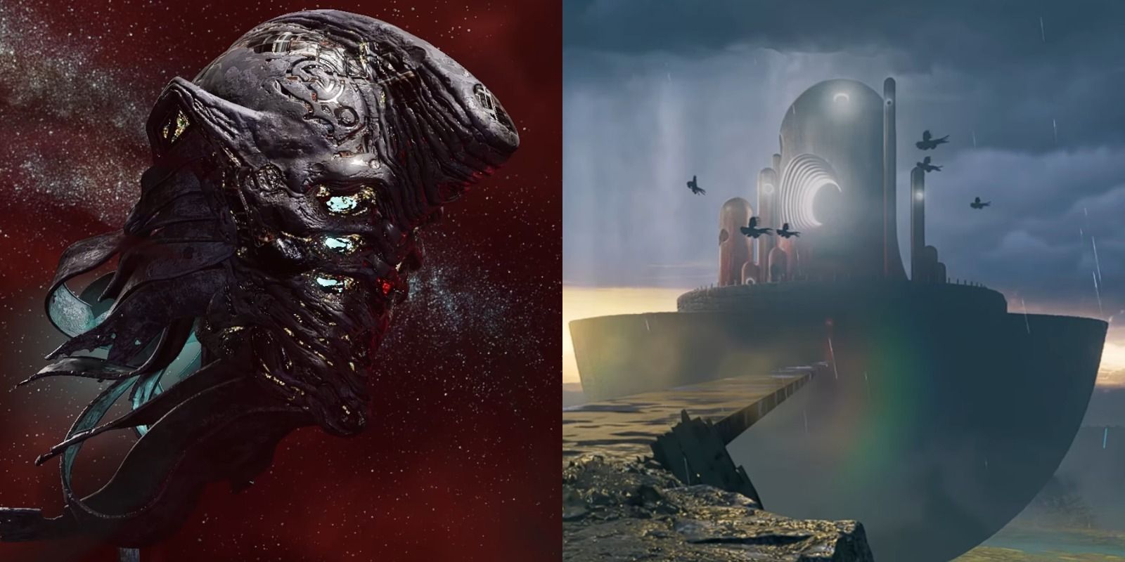 Split image of Knowhere and Lady Hellbender's Fortress on Seknarf Nine in Marvel's Guardians Of The Galaxy