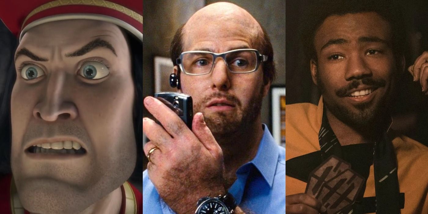 Split image of Lord Farquaad in Shrek, Les Grossman in Tropic Thunder, and Lando in Solo