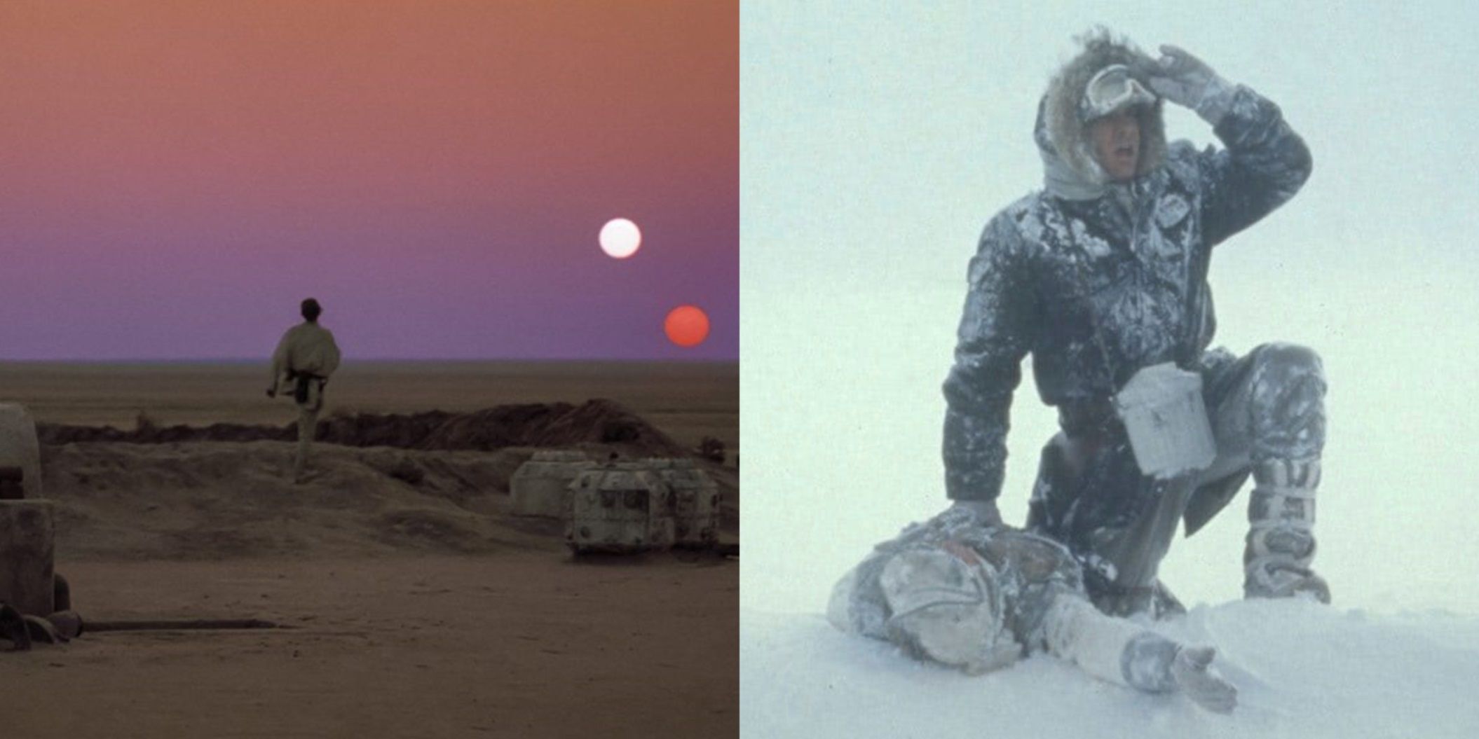 Split image of Luke on Tatooine in Star Wars and Han on Hoth in The Empire Strikes Back