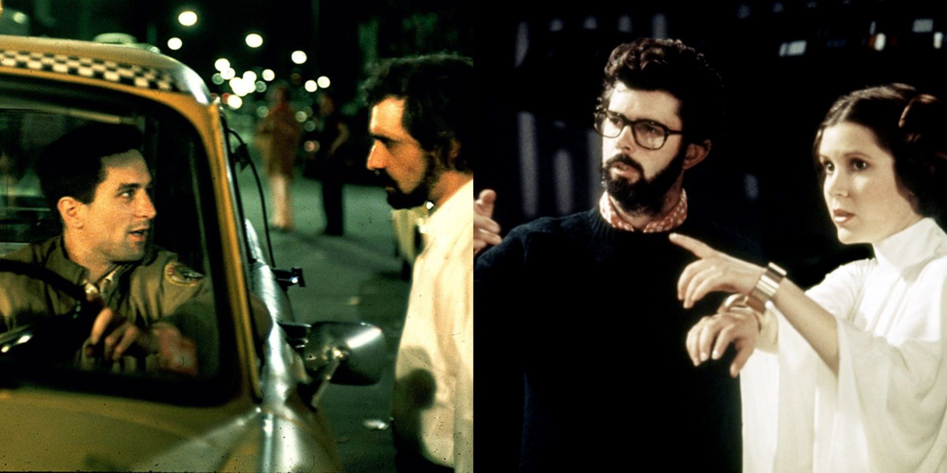 Split image of Martin Scorsese shooting Taxi Driver and George Lucas shooting Star Wars