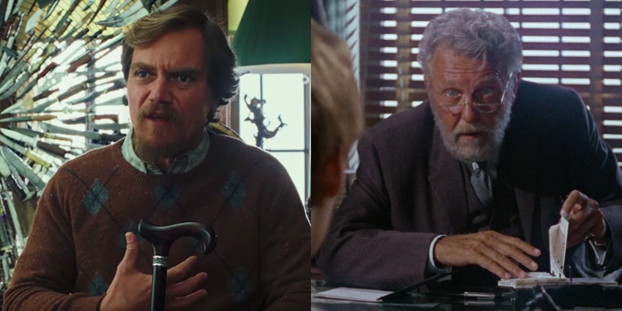Split image of Michael Shannon in Knives Out and Ralph Bellamy in Rosemary's Baby