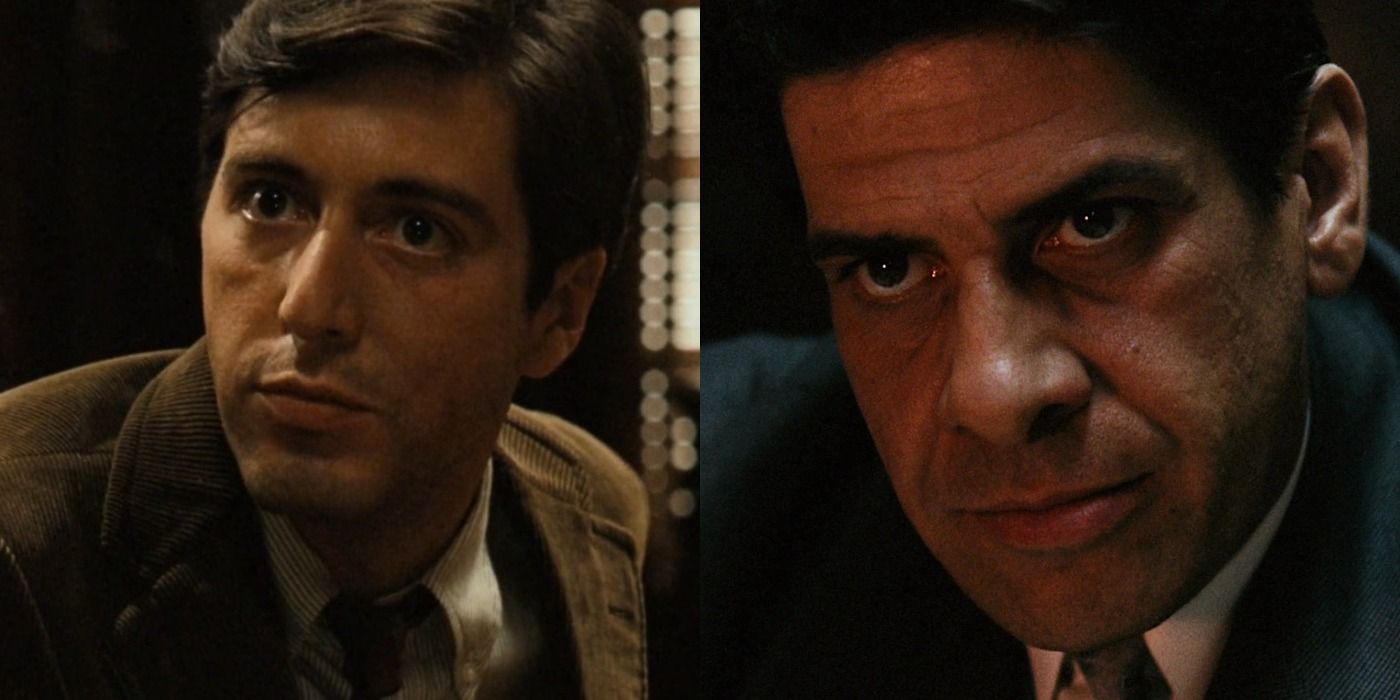 Split image of Michael and Sollozzo in The Godfather