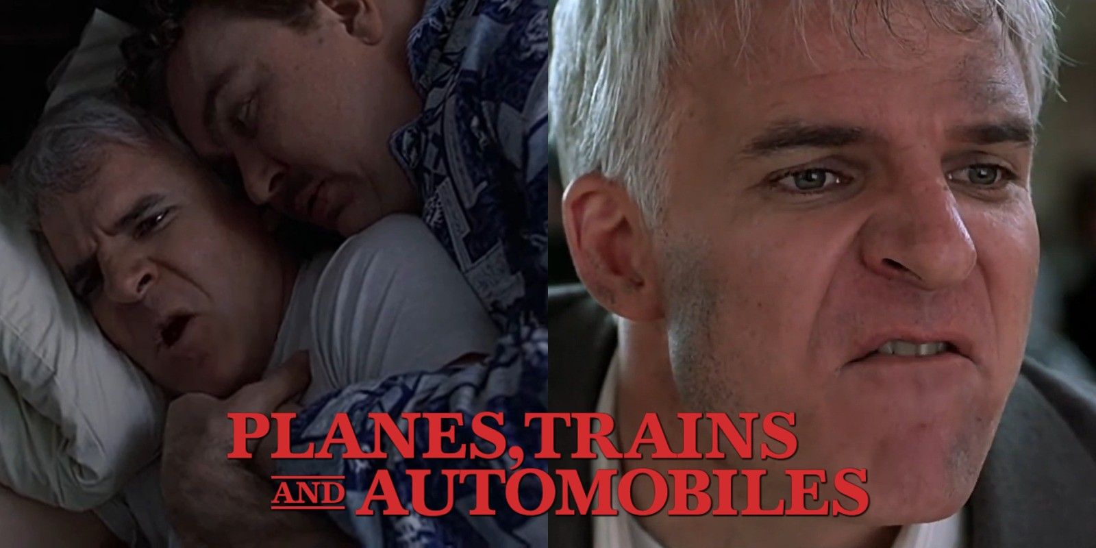 Split image of Neal and Del in bed together and Neal throwing F-bombs in Planes, Trains, &amp; Automobiles
