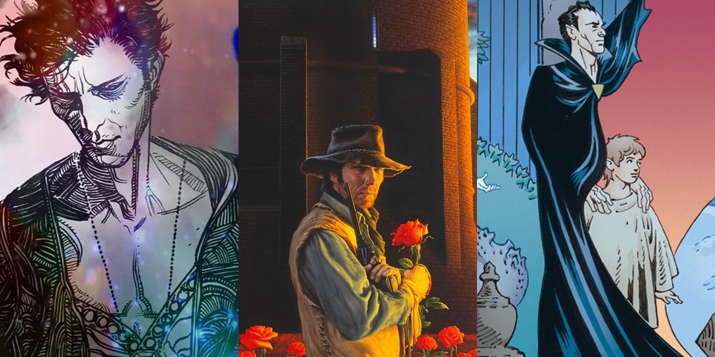 Split image of Neil Gaiman’s Sandman and The Graveyard Book and Stephen King’s The Dark Tower feature