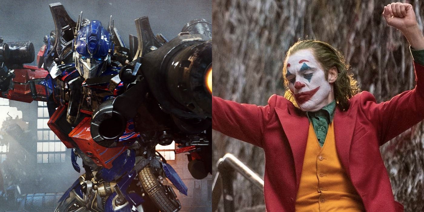 Split image of Optimus Prime in Transformers and Arthur in Joker