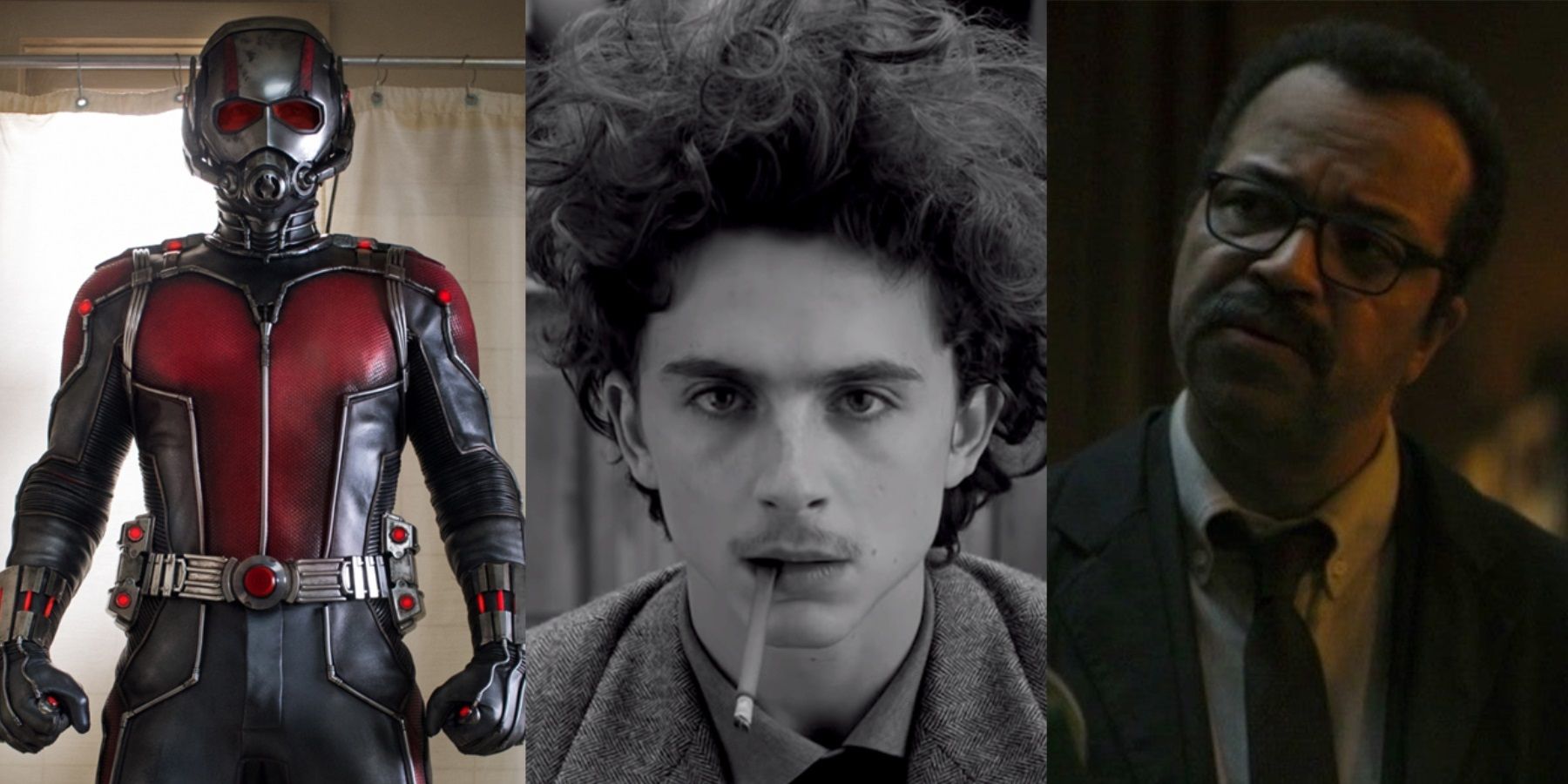 Split image of Paul Rudd in Ant-Man, Timothee Chalamet in The French Dispatch, and Jeffrey Wright in The Batman