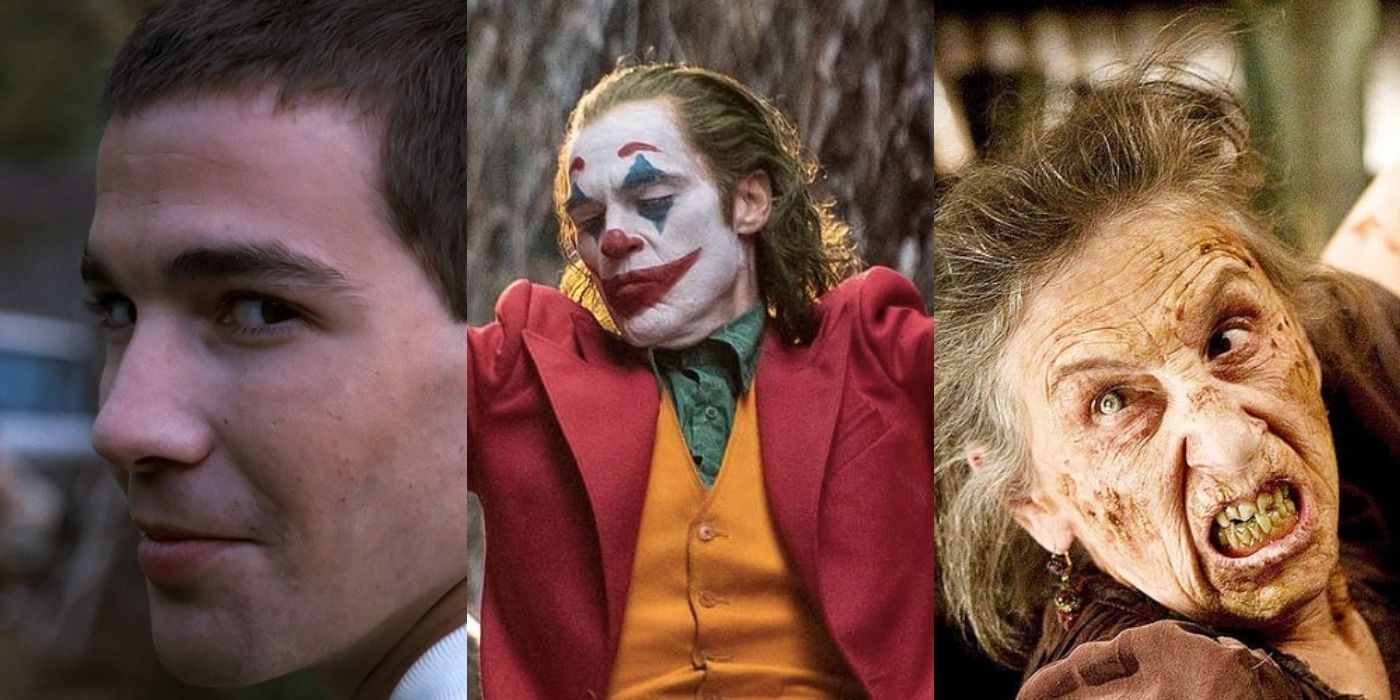 Split image of Paul in Funny Games, Arthur in Joker, and the Gypsy in Drag Me To Hell