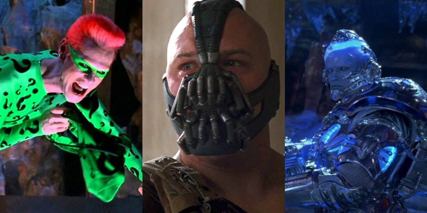 Split image of Riddler in Batman Forever, Bane in The Dark Knight Rises, and Mr. Freeze in Batman &amp; Robin