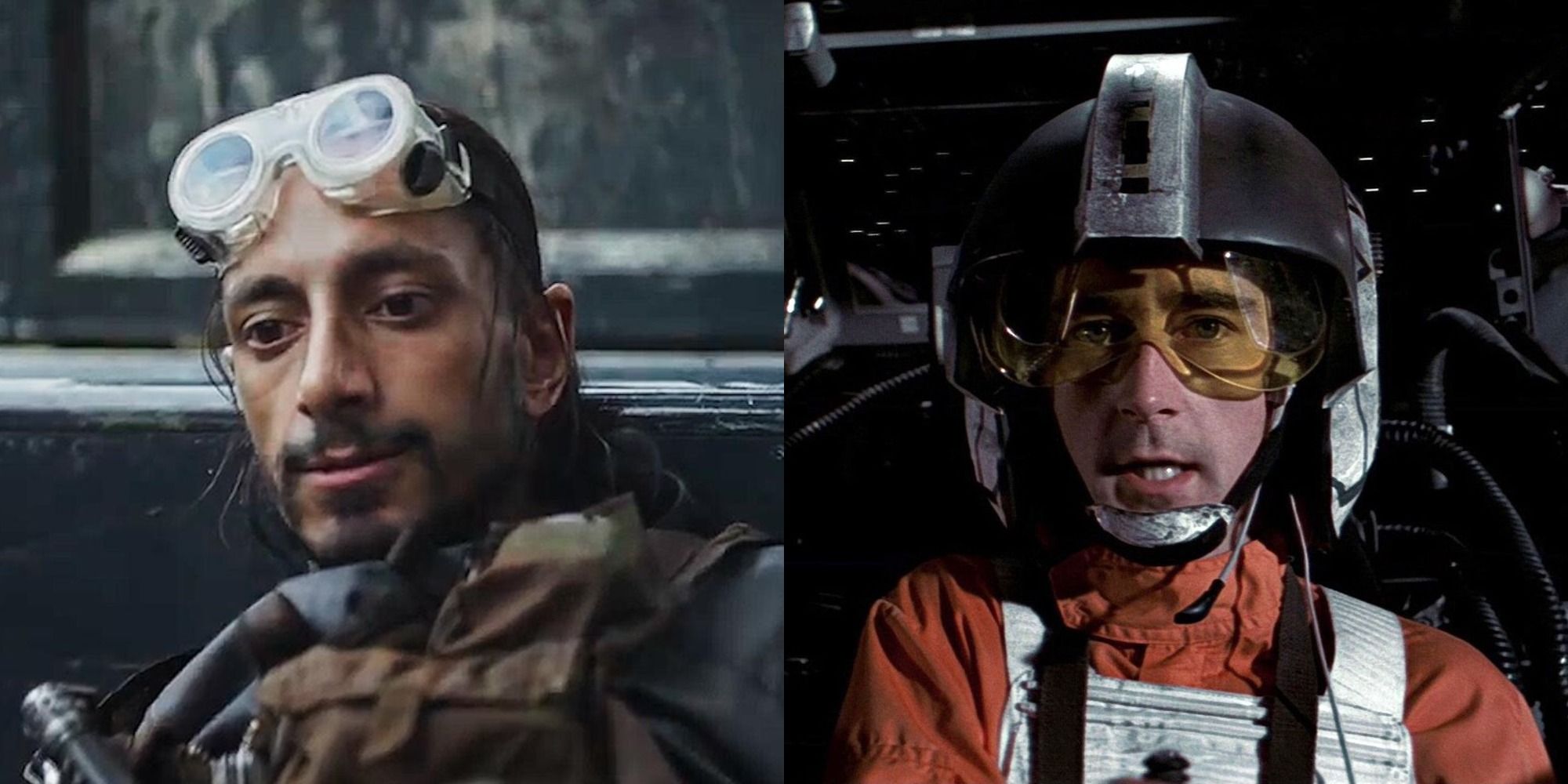 Split image of Riz Ahmed as Bodhi Rook and Denis Lawson as Wedge Antilles