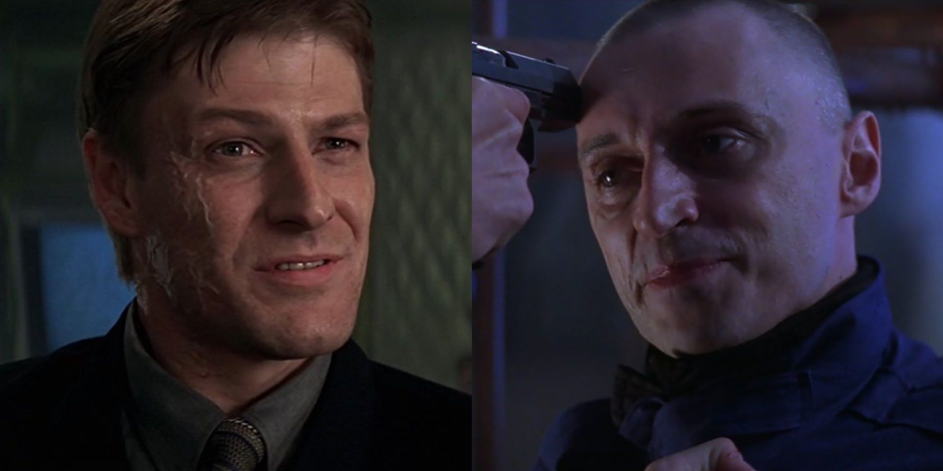 Split image of Sean Bean in GoldenEye and Robert Carlyle in The World is Not Enough