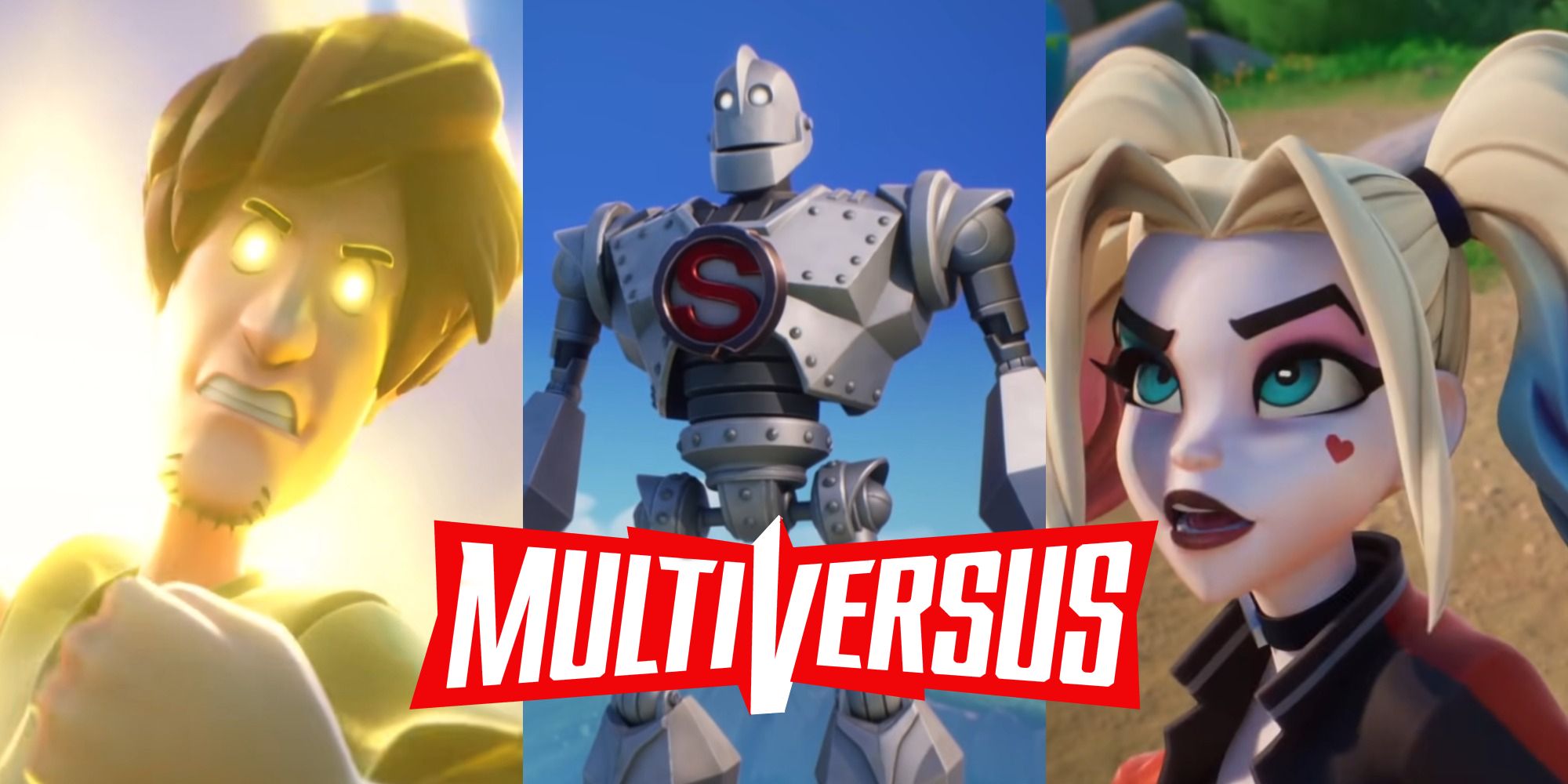 Split image of Shaggy, The Iron Giant, and Harley Quinn in MultiVersus