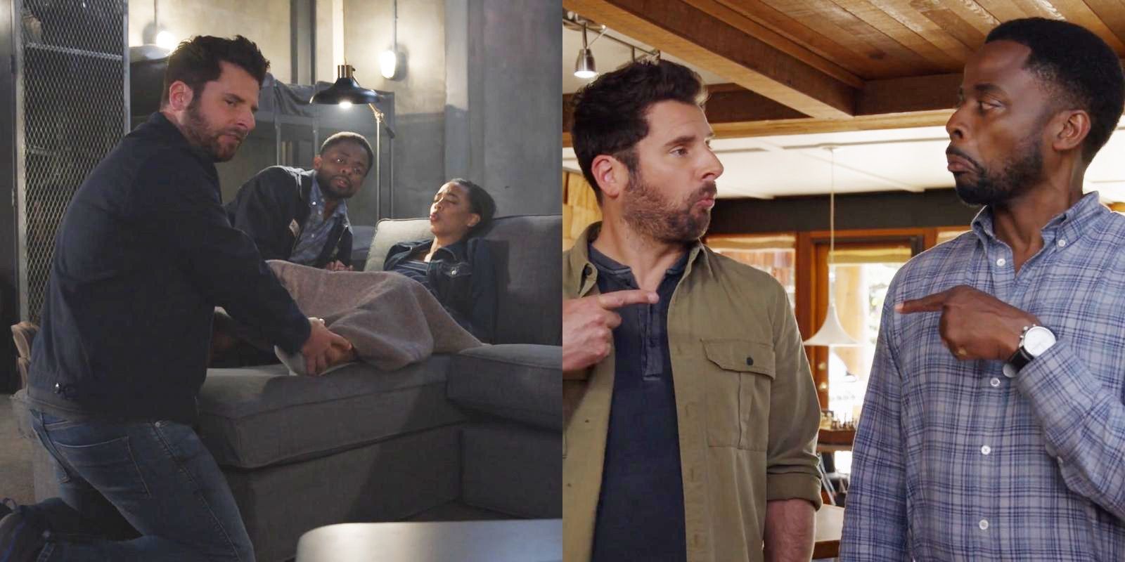 Split image of Shawn, Gus, & Selene giving birth & Shawn and Gus pointing at each other in Psych 3.