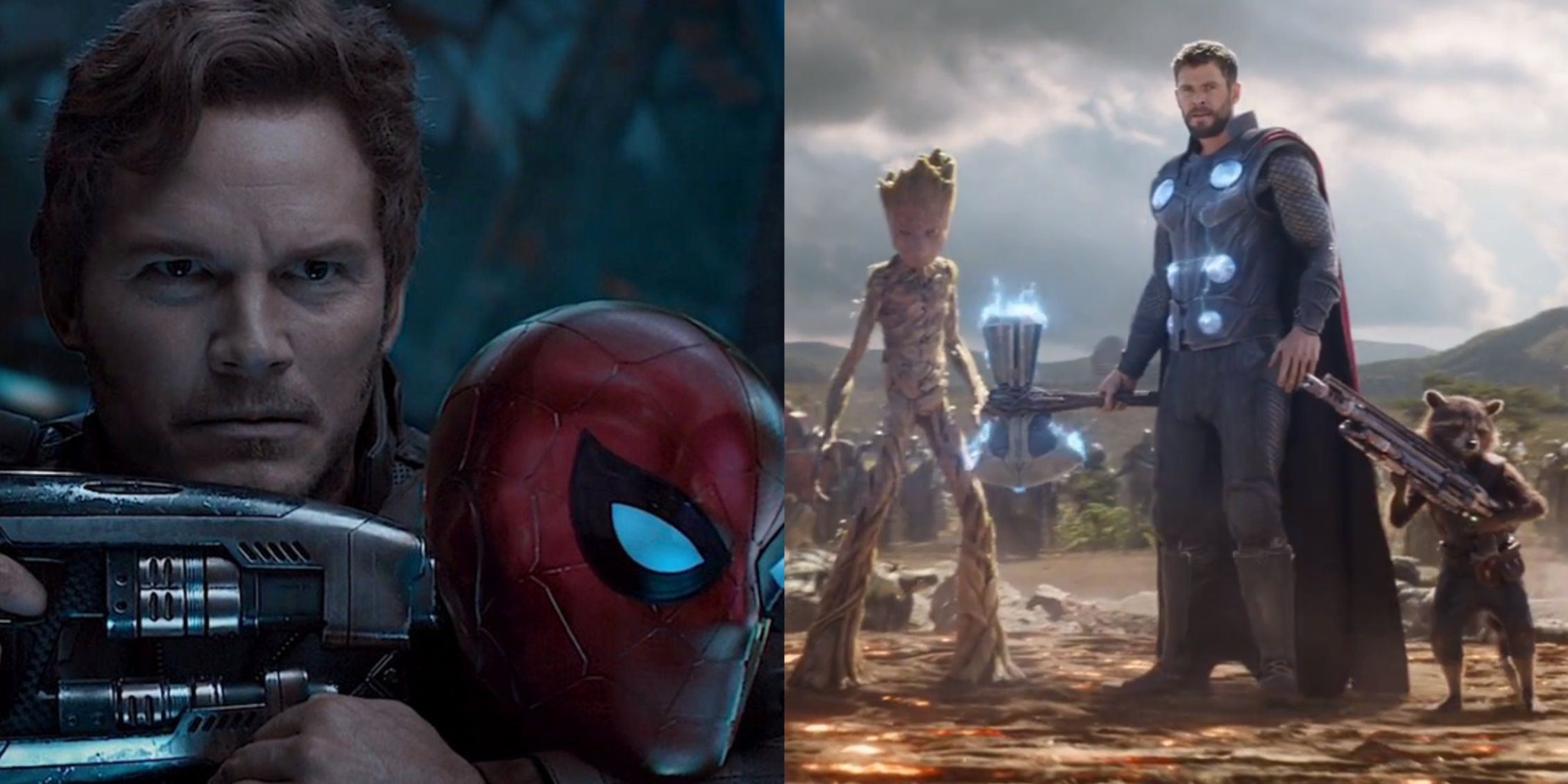 Split image of Star-Lord holding Spider-Man at gunpoint and Thor, Rocket, and Groot arriving in Wakanda in Avengers Infinity War