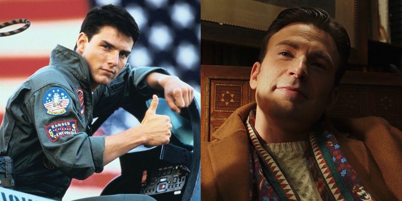 Split image of Tom Cruise in Top Gun and Chris Evans in Knives Out