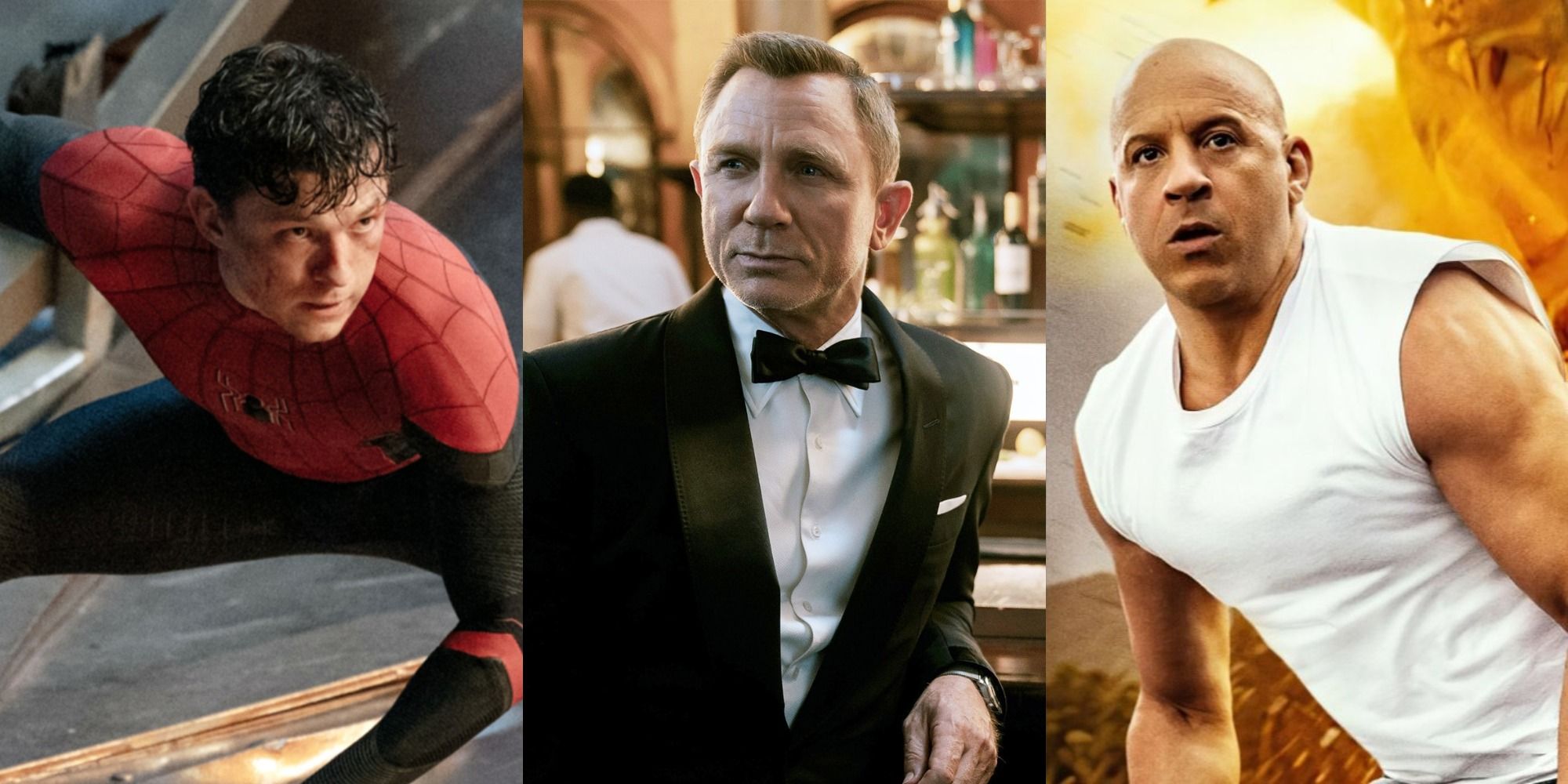 Split image of Tom Holland as Spider-Man, Daniel Craig as James Bond and Vin Diesel as Dominic Toretto