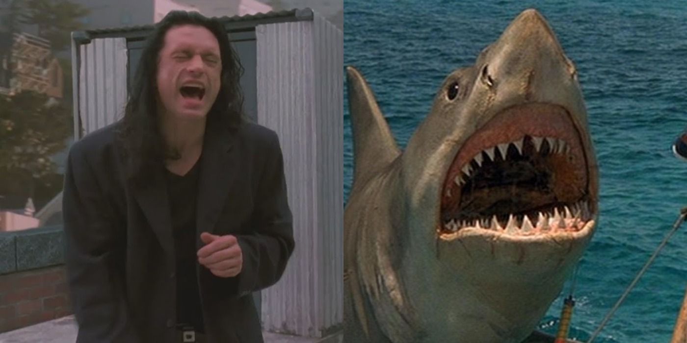 Split image of Tommy in The Room and the Shark in Jaws The Revenge