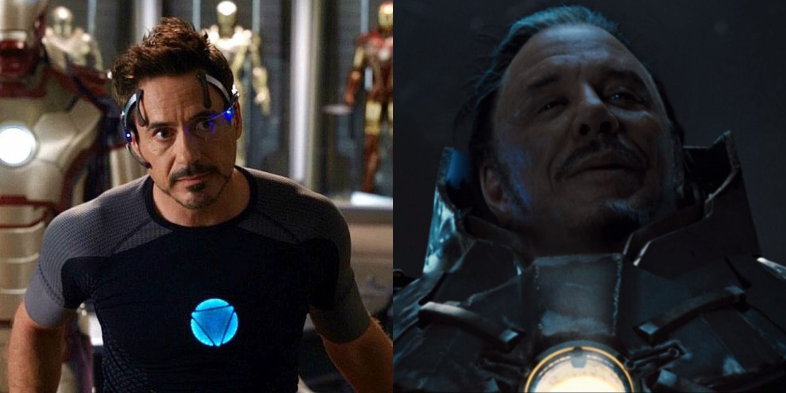 Split image of Tony Stark in the Armor Lab in Iron Man 3 and Ivan Vanko in his Whiplash armor in Iron Man 2