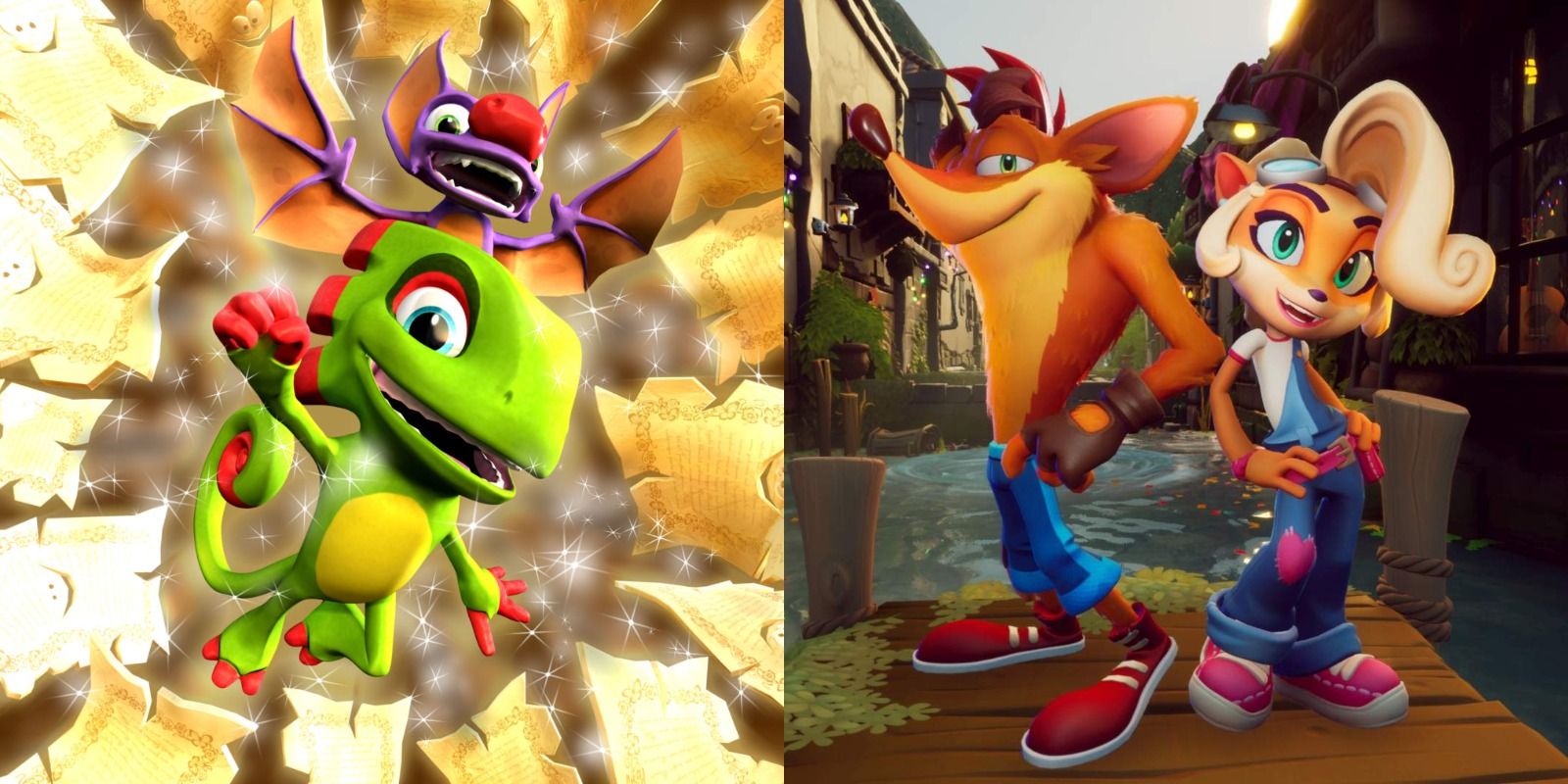 Split image of Yooka and Laylee jumping through Pagies in Yooka-Laylee and Crash and Coco posing in Crash Bandicoot 4 It's About Time