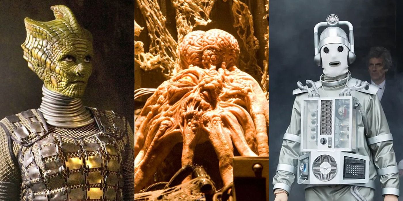 Split image of a Silurian, Dalek and Cyberman Doctor Who Feature