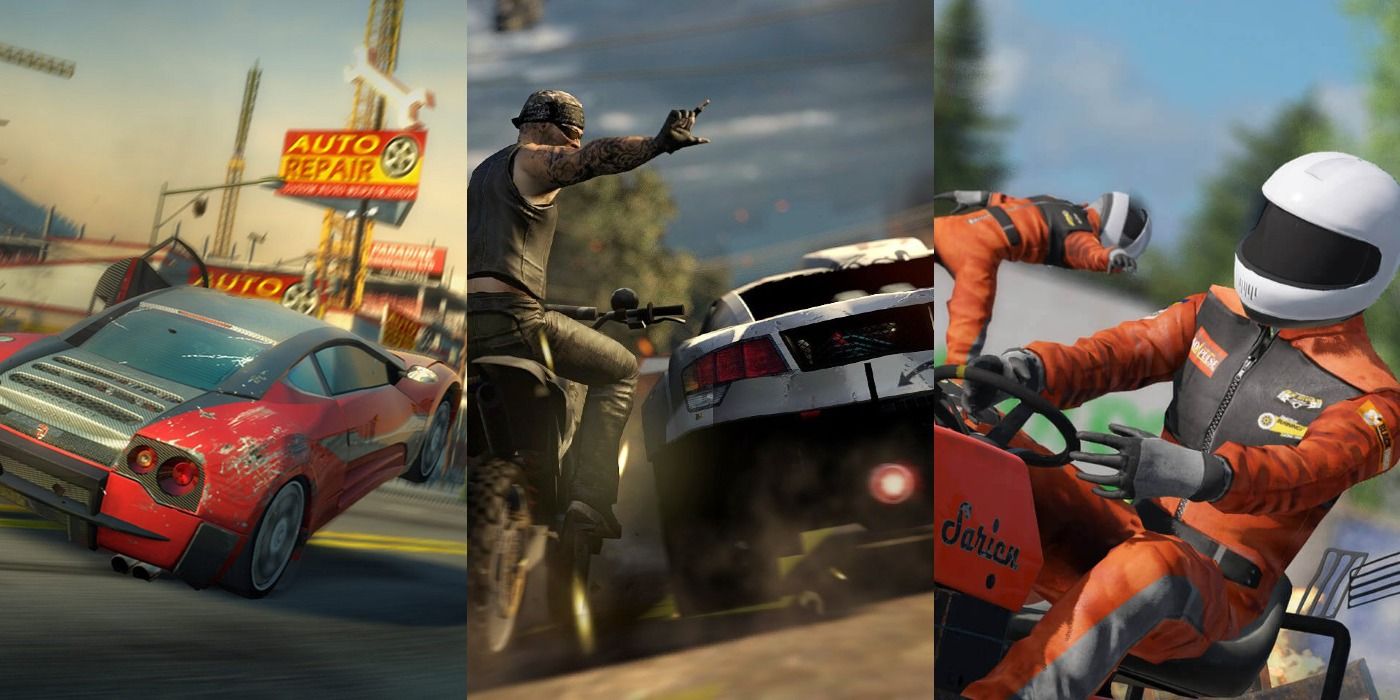 Split image of cSplit image of a car in Burnout, a motorcycle in MotorStorm and a lawnmower in Wreckfest.out, MotorStorm and Wreckfest racing games feature