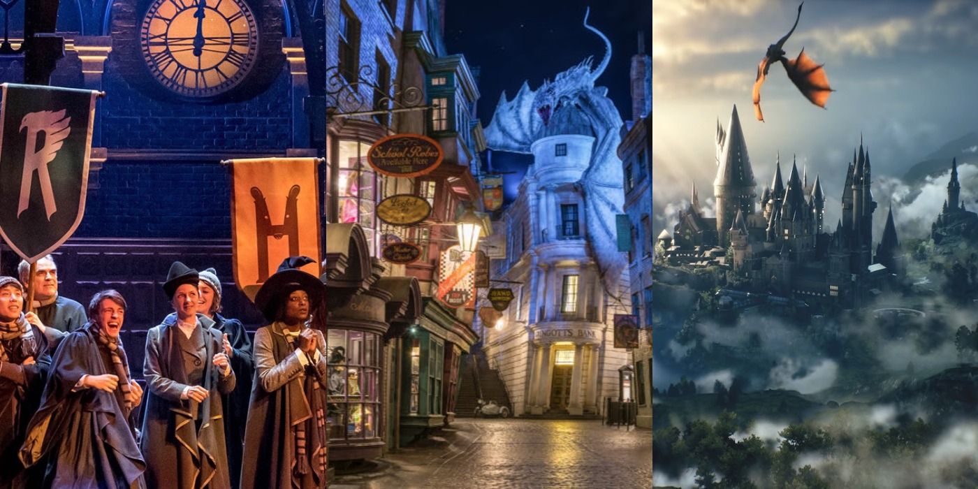 Split image of students in Cursed Child, Diagon Alley in Wizarding World and Hogwarts Legacy Harry Potter feature