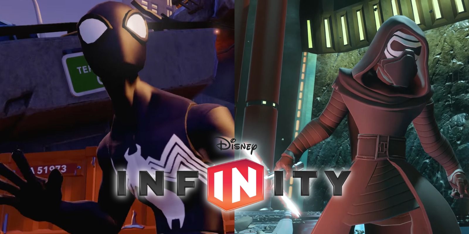 Split image of the Black Suit Spider-Man and Kylo Ren in Disney Infinity