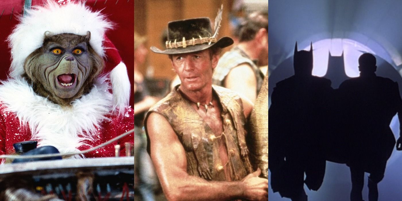 Split image of the Grinch in How The Grinch Stole Christmas, Crocodile Dundee in Crocodile Dundee, and Batman and Robin in Batman and Robin