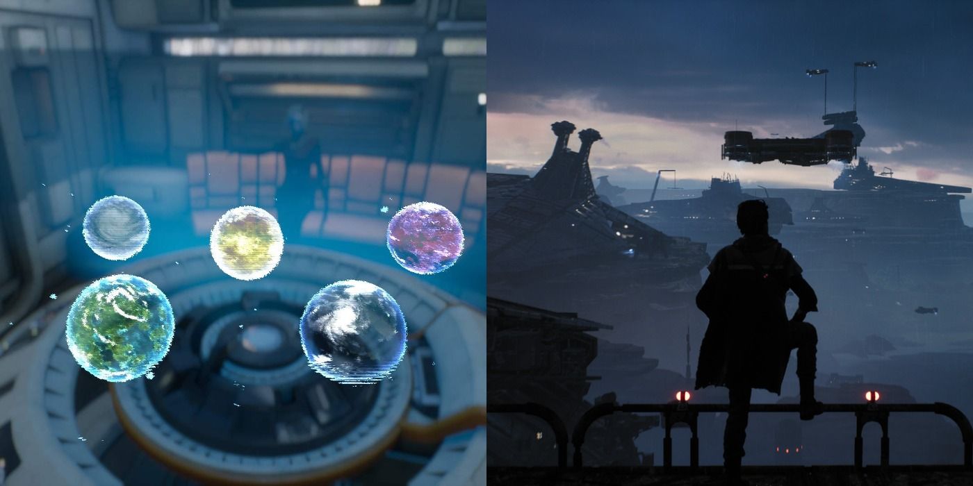 Split image of the Planet selection menu on the Mantis and of Cal on Bracca in Jedi Fallen Order