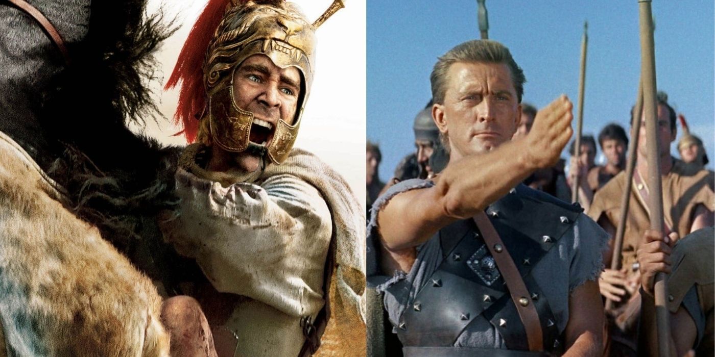 Split images of Colin Ferrell riding a horse in Alexander and Kirk Douglas pointing his hand in Spartacus