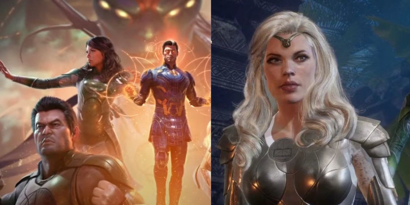 Split image of Eternals in a fighting pose and Thena from The Eternals Epic Invasion Event