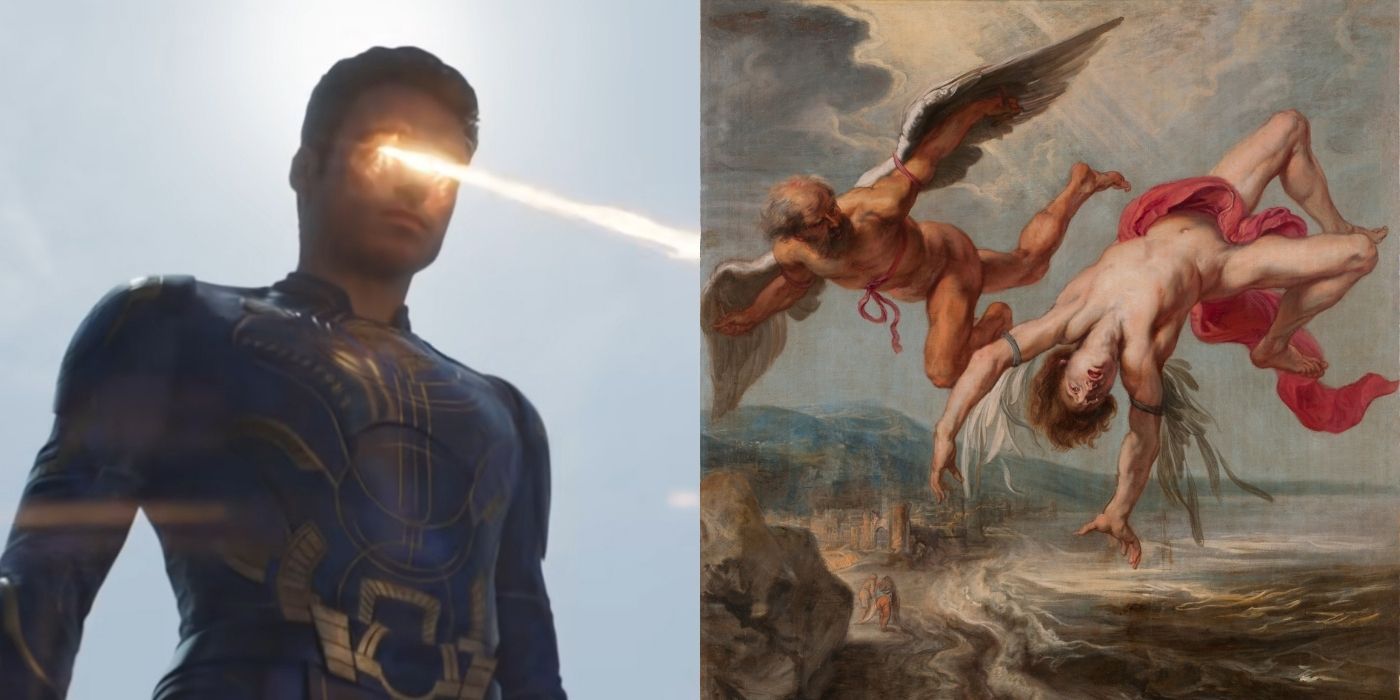 Split images of Ikaris firing beams from his eyes in Eternals and a painting of Icarus falling from the sky.