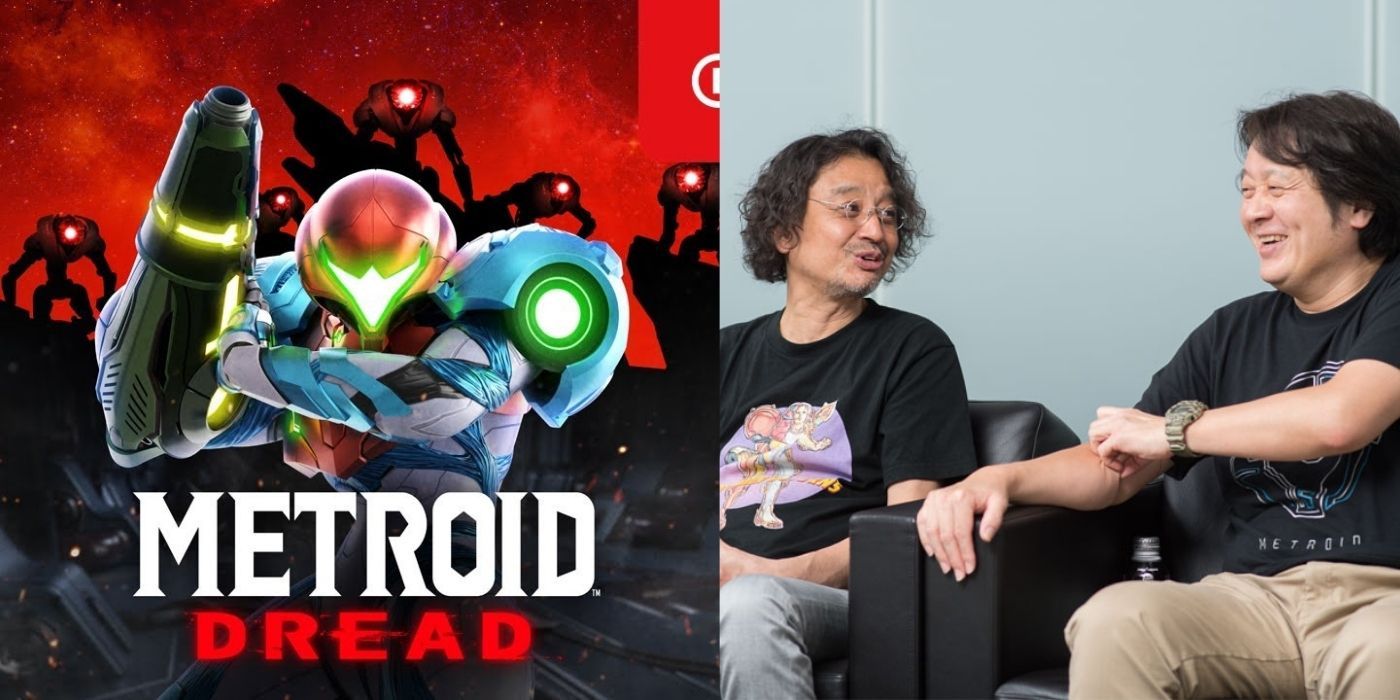 Split images of Kenji Yamamoto and Yoshio Sakamoto laughing and sitting on a sofa and a still from Metroid Dread