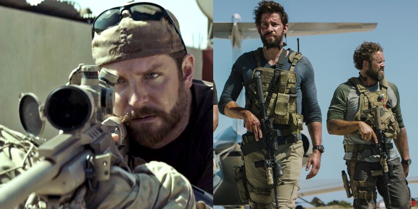 Split images of stills from American Sniper and 13 Hours