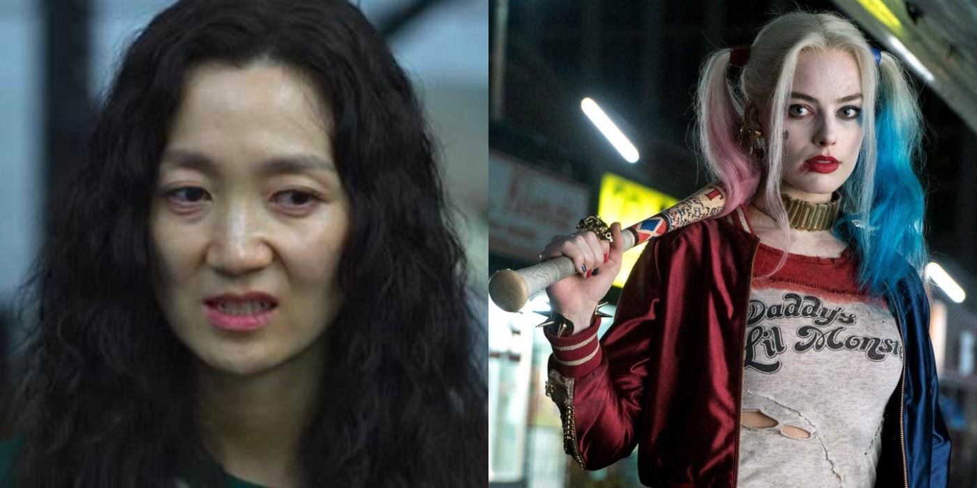 Split image showing Han Mi Nyeo in Squid Game and Harley Quinn in Suicide Squad