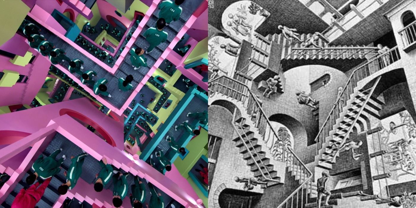 Split image showing a scene from Squid Game and M.C. Escher's print &quot;Relativity&quot;