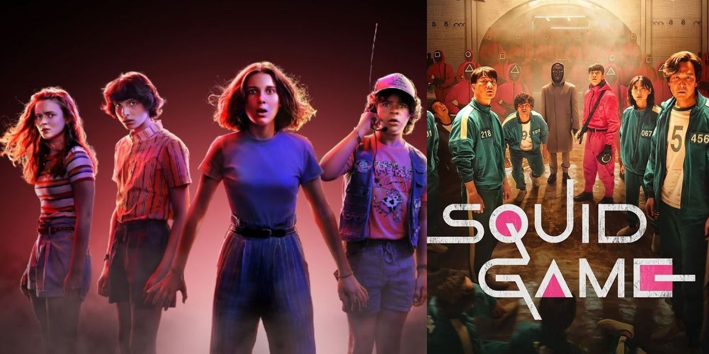 Split image of the Stranger Things cast & the cast of Squid Game standing and looking at the camera.