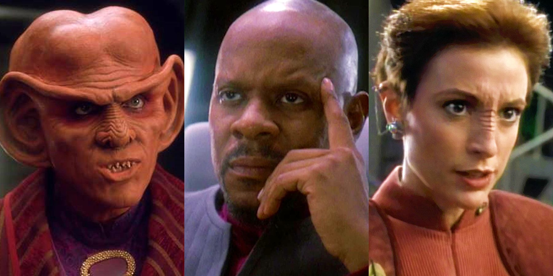 Split image: Close-ups of Quark, Sisko and Kira in scenes from Star Trek: Deep Space Nine.