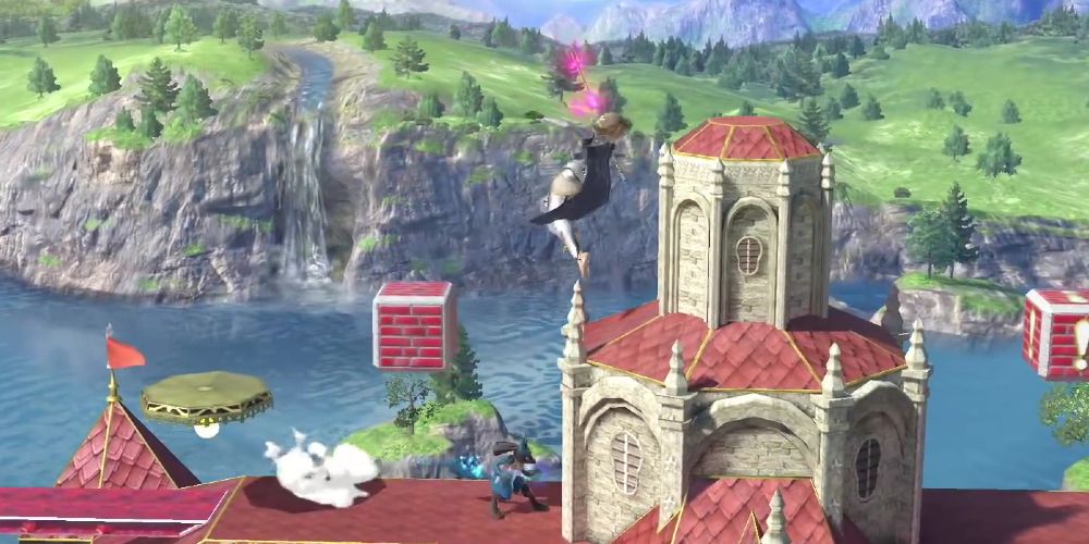 Characters do battle in the Peach's Castle stage of Super Smash Bros. Ultimate.
