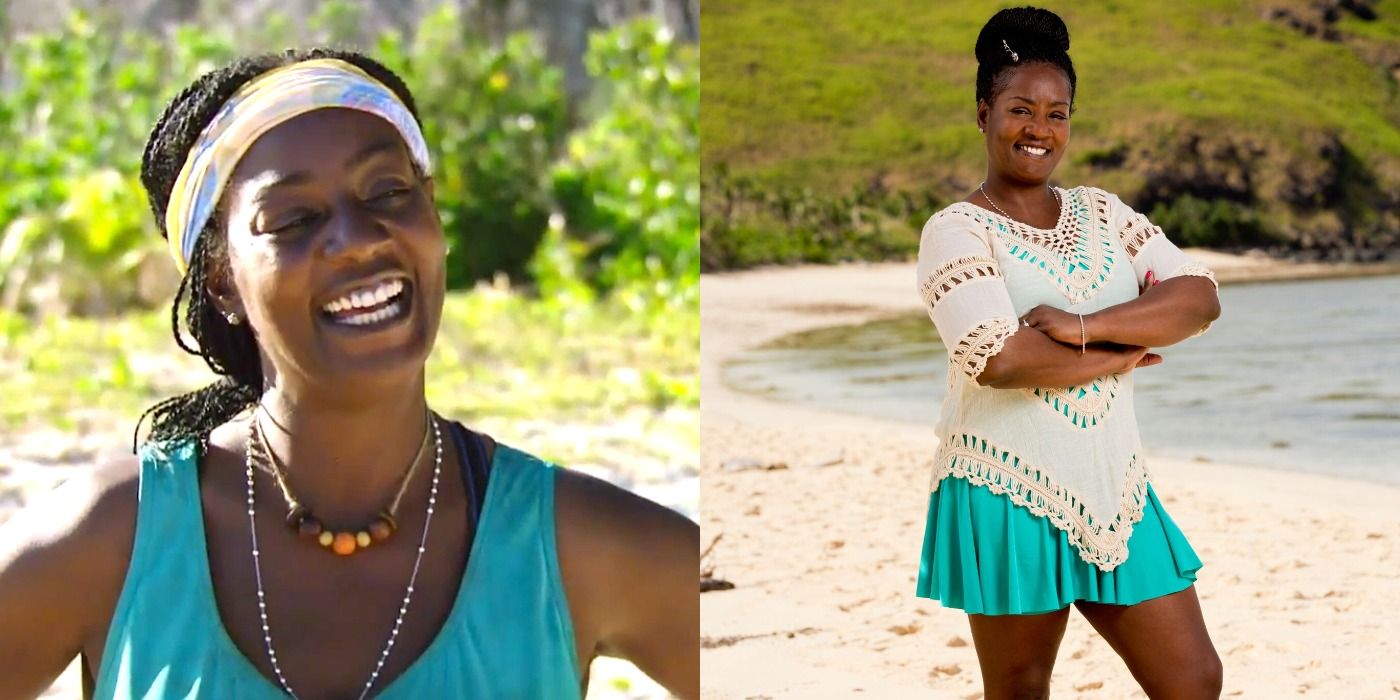 Split image showing Cirie Fields on the island and in a promo photo in Survivor